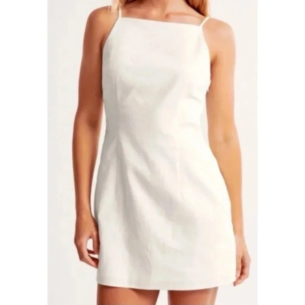 Abercrombie & Fitch Linen Strappy Mini Dress Cream Coastal Graduation L - Picture 1 of 13